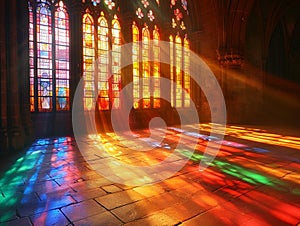 Warm Sunlight Filtering Through a Stained Glass Window The light blurs into colors