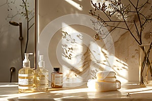 Warm sunlight filters through a rustic spa setting, highlighting organic skincare products and a serene