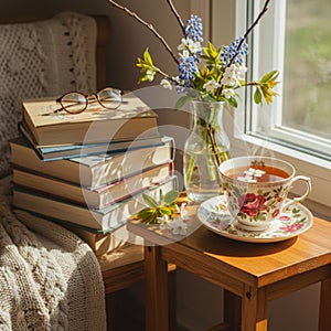 Warm Sunlight Illuminates Cozy Scene with Tea, Books, and Spring Flowers