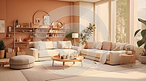 Warm sunny living room. Couch and plants in a home with sun rays. Clean homy modern architecture. Summer house.