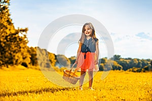 Warm sunny weather. Happy little child, baby girl laughing and playing in the autumn on the nature walk outdoors.