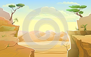 Warm sunrise in desert. Rocks and cliffs with acacias. Desert sand. Landscape of southern countryside. Cool cartoon