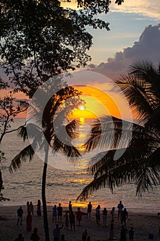 Sunset at the beach with people celebrating photo