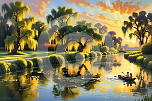 Warm Sunset Casting a Golden Hue Over a Lazy River with Overhanging Weeping Willows - Distant Laughter Echoing