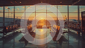 Warm sunset hues bathe a peaceful airport lounge with a view of airplanes on the tarmac photo