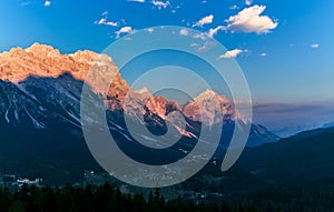 Warm sunset landscape over mountains. Dolomites Italy