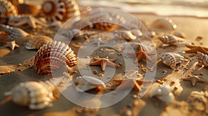 Warm sunset light bathes a collection of seashells and starfish strewn across sandy beach, inviting a sense of discovery