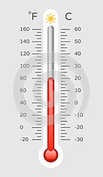 Warm thermometer with celsius and fahrenheit scale, temp control thermostat device flat vector icon. Thermometers