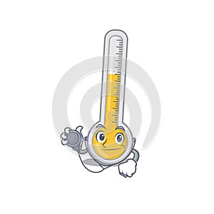 Warm thermometer in doctor cartoon character with tools