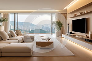 Warm tones of modern living room interior with minimal art decor design, Home interior concept, contemporary room