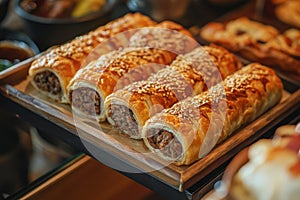 A warm tray of sanbusak with flaky meat pastries.
