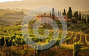 The warm Tuscan sun rises over lush vineyards, casting a golden glow over the idyllic, rolling hills of a rustic Italian