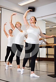 Warm-up sessions at bench, women doing ballet