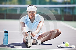 Warm up, tennis and leg stretching by black woman at court for sports, fitness and training on blurred background