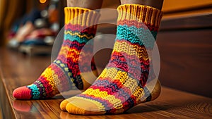 Warm and Vibrant HandKnitted Socks A Stunning AI Photorealistic Representation of Autumnal Colors and Cozy Textures photo