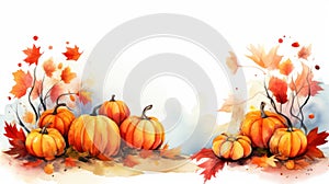 Warm Watercolor Autumn Equinox with Falling Leaves and Pumpkins AI Generated