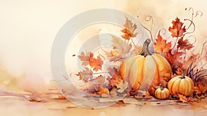 Warm Watercolor Autumn Equinox with Falling Leaves and Pumpkins AI Generated