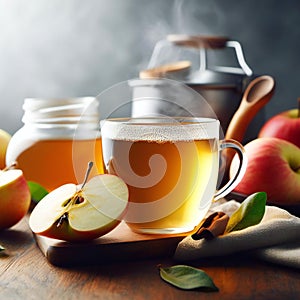 Warm welcome with cup of steaming hot apple cider ai generated