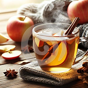 Warm welcome with cup of steaming hot apple cider ai generated