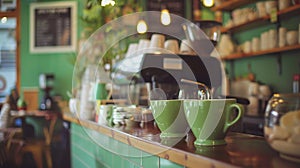 Cozy cafÃ¢ËÅ¡ÃÂ© interior with green cups and espresso machine photo