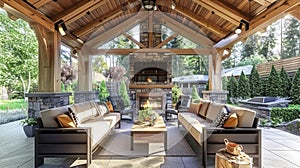 A Warm and Welcoming Covered Patio, Adorned with a Fireplace and Fine Furniture, Under a Skylight-Pierced Wood Ceiling