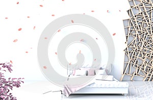 Warm white bed room.3d render