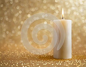 Warm white candle in festive glitter bokeh background