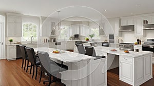 Warm white kitchen with expansive countertops island high end appliances spice kitchen black leather chair