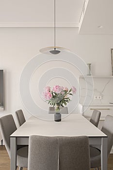 Warm white kitchen interior design, grey chairs, oak floor, rose peony in glass vase on dining table.