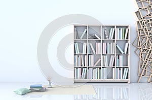 Warm white reading room. 3D render