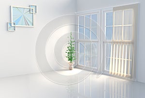 Warm white room decor The sun shines through the window into the shadows. 3D render.