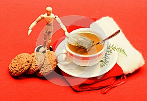 Warm winter beverage. Gourmet delicious taste. Cafe restaurant menu. Cup of tea on red background close up. Herbal or