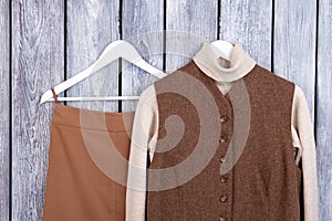 Warm winter brown apparel, top view.