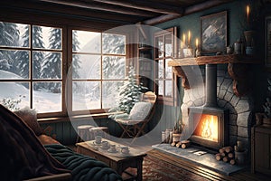 Warm winter cabin with blazing fire and snow outdoors