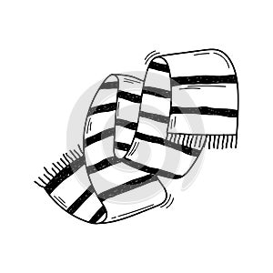 Warm winter scarf sketch. Vector black and white illustration of striped knitted scarf in doodle style isolated on white