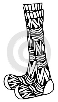 Warm winter socks in Doodle style. Vector illustration of knitted socks artistically decorated with doodle patterns