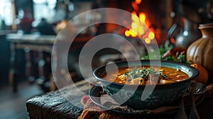 Warm winter soup in colorful soup dish in a rustic cottage