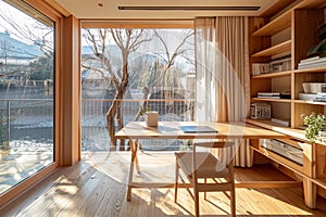 A warm wooden work space overlooking the river, designed like a photographer\'s studio, enhanced with natural sunlight