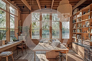 A warm wooden work space overlooking the river, designed like a photographer\'s studio, enhanced with natural sunlight