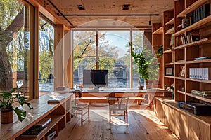 A warm wooden work space overlooking the river, designed like a photographer\'s studio, enhanced with natural sunlight