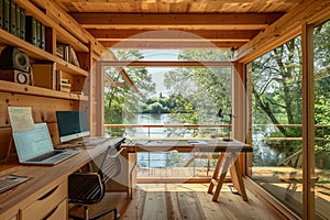 A warm wooden work space overlooking the river, designed like a photographer\'s studio, enhanced with natural sunlight