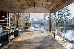 A warm wooden work space overlooking the river, designed like a photographer\'s studio, enhanced with natural sunlight