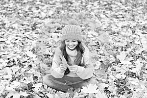Warm woolen accessory. Girl long hair happy face nature background. Keep you warmest this autumn. November is here
