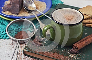 Warming drink - mug of cocoa with milk. ingredients: cocoa bean