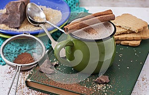 Warming drink - mug of cocoa with milk. ingredients: cocoa bean