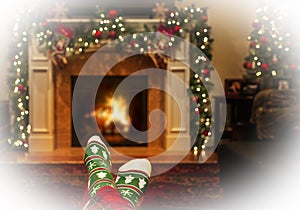 Warming Feet in Christmas Socks by Fire