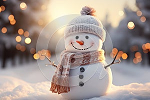 Warmly Illuminated Snowman in Winter\'s Embrace.