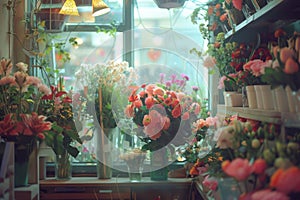 Warmly lit flower shop with a variety of fresh flowers on display