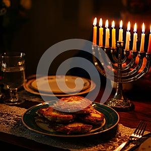 AI-Generated Image: Plate of Latkes with Lit Menorah photo