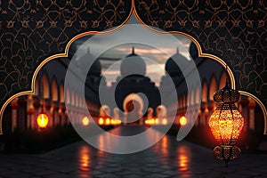 Warmly lit lantern on a realistic Ramadan themed background